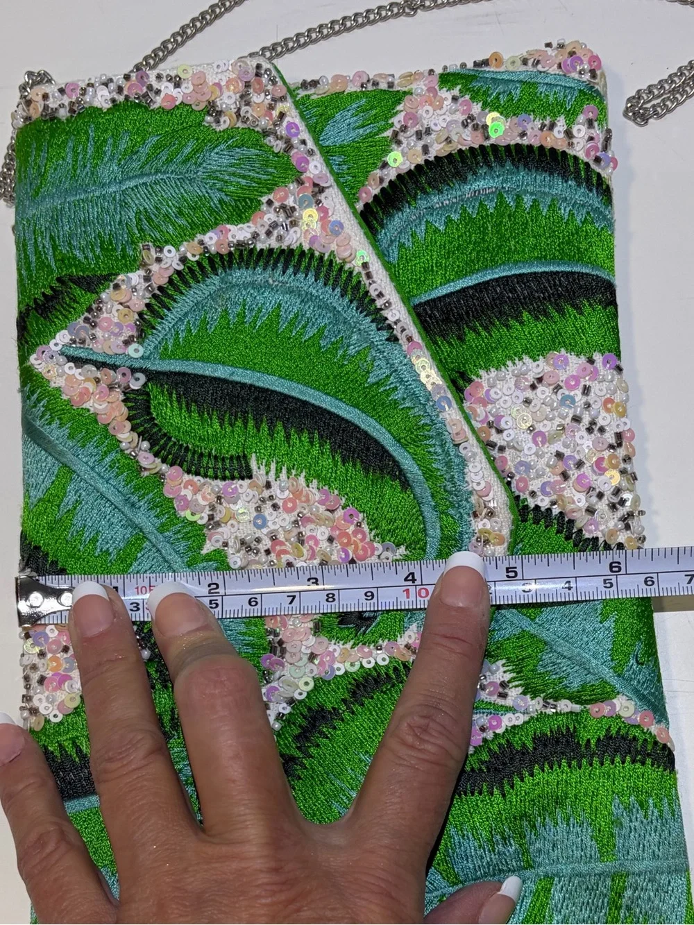 NWT Ford & Crew Tropical Palm Leaf Embroidered Sequin Envelope Clutch With Chain